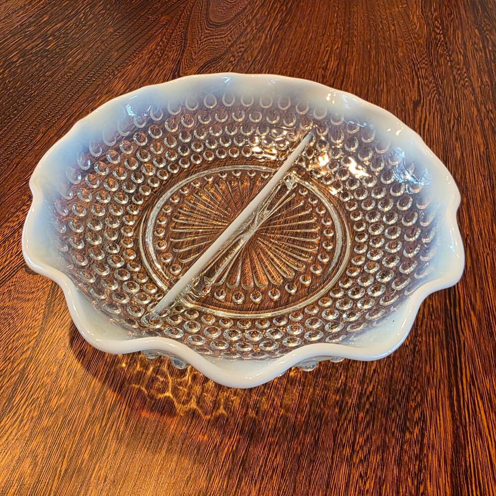 Anchor Hocking Moonstone Opalescent Ruffled Hobnail Divided Glass Relish Dish